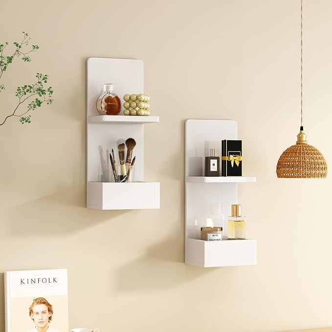 2-Tier White Floating Wall Shelf, Bedroom Storage - Image 3