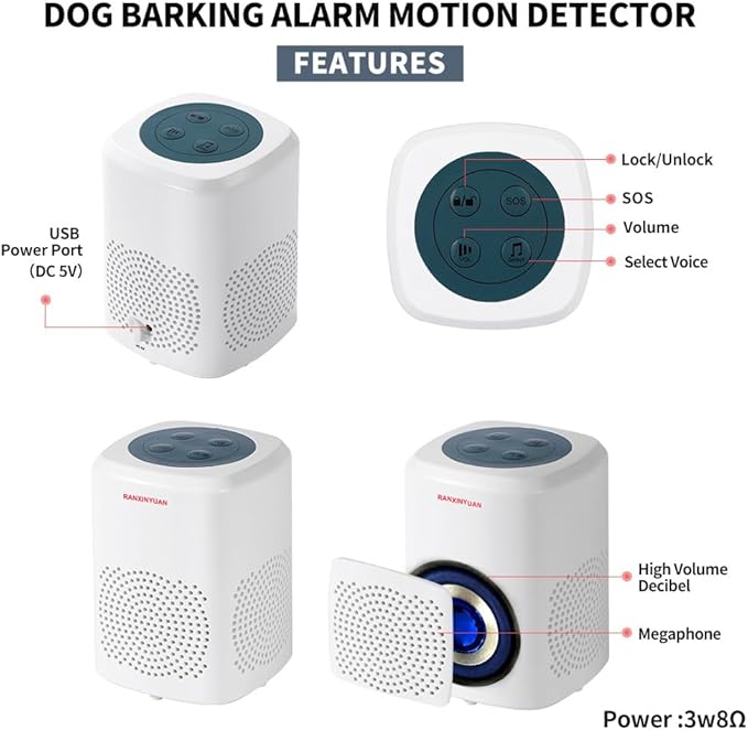 Ranxinyuan Barking Dog Alarm Motion Detector,Pir Human Body Sensor Alarm Electronic Burglar Deterrent Loud Siren,with Remote & USB,Say Goodbye to Unwanted Intruders
