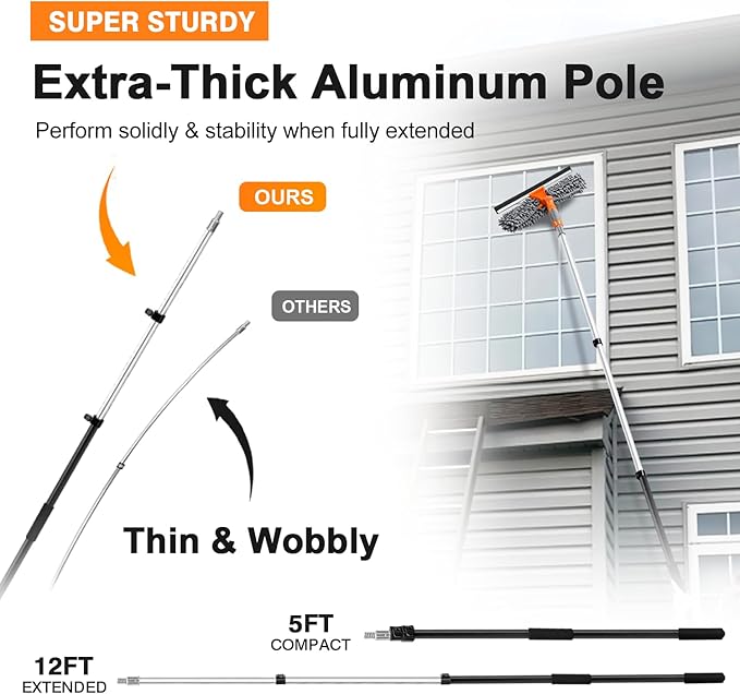 ARTIPOLY 20 Ft High Reach Window Squeegee with 5-12Ft Extra-Thick Aluminum Telescopic Extension Pole| 14" Extra-Large 2-in-1 Window Cleaner Tool| Window Washer for Indoor/Outdoor Window,RV,Truck Glass