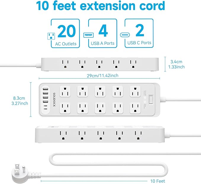 Solidock Power Strip Surge Protector Flat Plug with 20 AC Outlets 6 USB Chagring Ports, 1875W/15A, 2700J, 10 Ft Heavy Duty Extension Cord for Home, Office, Dorm, Gaming,ETL Listed (White, 10FT)