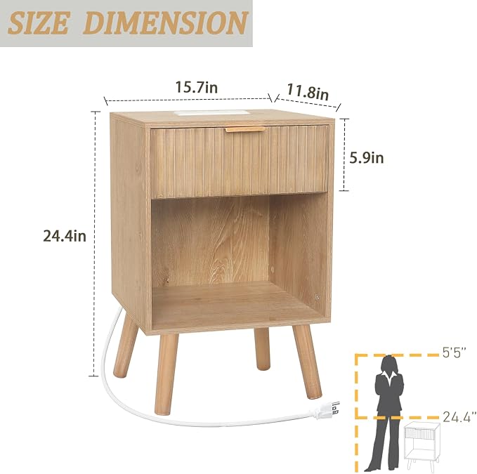 Fultyle Wood Nightstand with Charging Station, Bedside Table with Fluted - Image 2