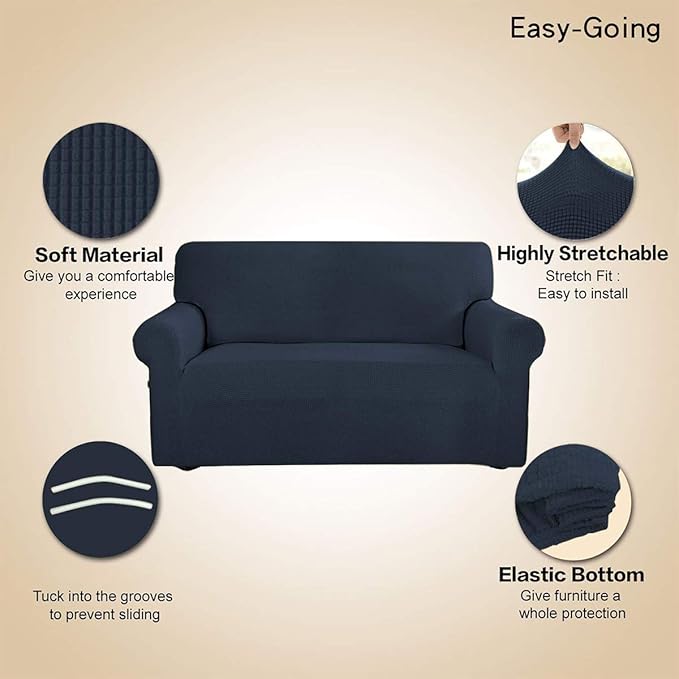 Easy-Going Stretch Loveseat Slipcover 1-Piece Sofa Cover Furniture Protector Couch Soft with Elastic Bottom for Kids Polyester Spandex Jacquard Fabric Small Checks (Loveseat, Dark Blue)