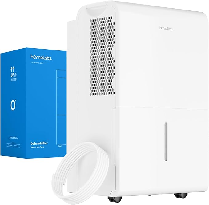 hOmeLabs Dehumidifier for Home, Office, Basements with Powerful Moisture Removal, Humidity Control, Auto Shut-off, Quiet Operation - 7,500 Sq Ft Wi-Fi with Pump (50 Pint MAX 120 Pint at 95°F, 90% RH)