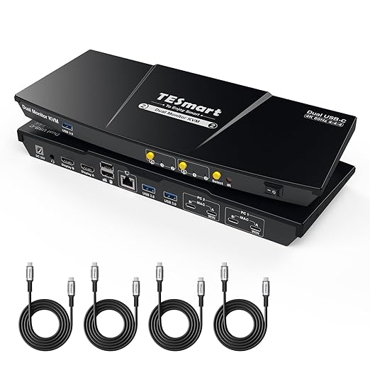 TESmart USB-C KVM Switch 2 Monitors 2 Laptops 4K@60Hz, USB 3.0 KVM Switch Dual Monitor MST, EDID Emulation, 60W PD, 1G Ethernet, 2K@144Hz, 1080P@240Hz, Hotkey Switch, with All Input Cables