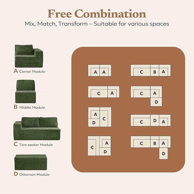 40" Modular Sectional Sofa, Upholstered Floor Sofa Couch with Pillow, Bean Bag Chair for Bedroom Living Room, No Assembly Required (Green, Plush Corduroy Fabric)