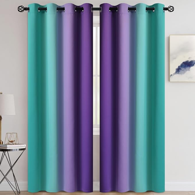 COSVIYA Grommet Room Darkening Ombre Teal and Purple Curtains W52xL90 inch | - Image 2