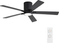 WINGBO 52" DC Flush Mount Ceiling Fan with Lights, 6-Speed Reversible DC Motor, 3CCT, Low Profile Hugger Ceiling Fan for Living Room Bedroom Kitchen, Black Finish and Black/Walnut Blades