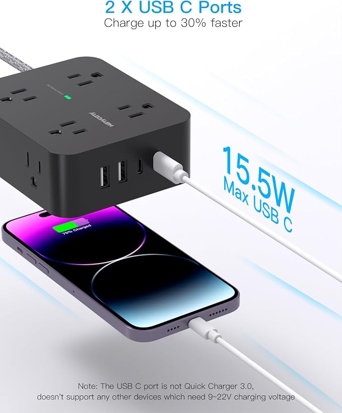 HANYCONY Surge Protector Power Strip, 5 Ft Braided Extension Cord | 8 Outlets 4 - Image 4