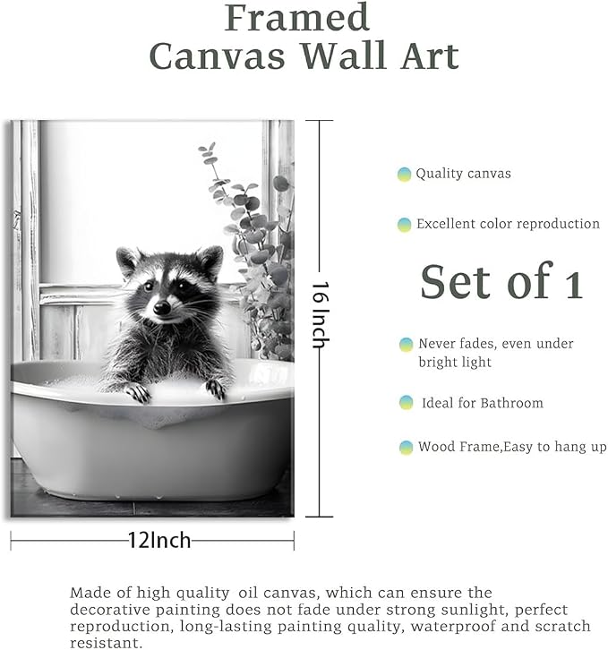 OIQArtOIQ Funny Bathroom Framed Wall Art Black and White Animal Canvas Wall Art - Image 6