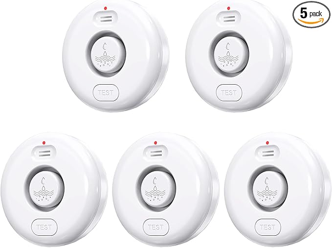 5 Pack Water Leak Alarm Detector, 120dB Loud Alert Water Sensor, IP66 Waterproof, Sensitive Leak and Drip Alert, Easy Installation for Home, Basement Flood Prevention, Bathroom, Sink, Laundry