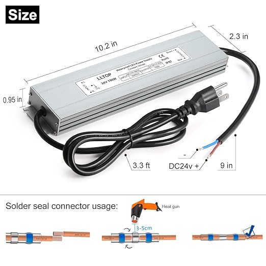 LLTOP LED Driver 150 Watts 100-264V AC to 24V DC 6.25A Power Supply Waterproof Low Voltage Transformer Ultra Thin Converter for Indoor Outdoor LED Lights