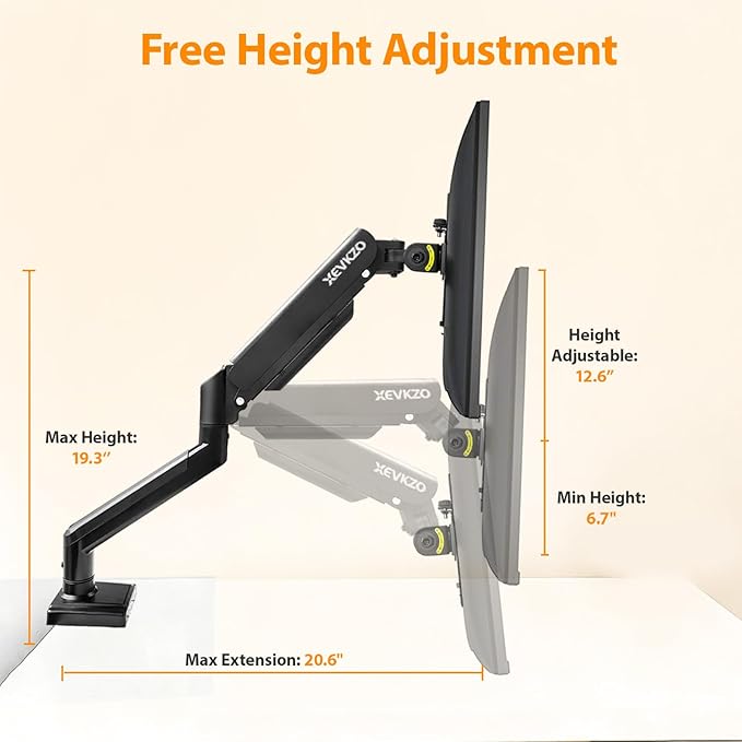 XEVKZO Single Monitor Arm - Gas Spring Monitor Stand for 13 to 34 Inch Screens, Adjustable VESA Mount with C-Clamp & Grommet Base, Full Motion (Tilt, Swivel, Rotation), Supports 4.4-22 lbs