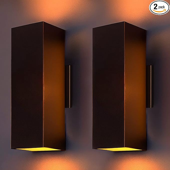 wowlite Modern Up Down Wall Lights Outdoor Dusk to Dawn Photocell Sensor, LED Outdoor Wall Lighting, IP65 Waterproof Bronze Porch Lantern, 13" Square Wall Sconce for House Garden Entrance, 2 Pack
