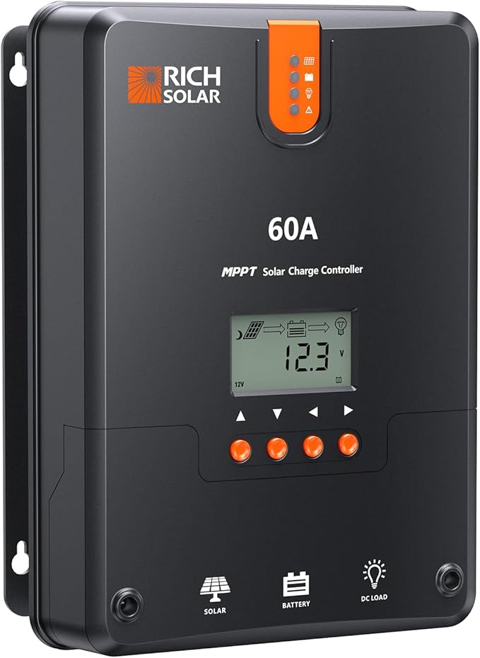 RICH SOLAR 60A MPPT Solar Charge Controller – High-Efficiency 12V/24V/36V/48V Auto Detection, 99% Tracking, Rugged Design for RVs, Boats & Off-Grid Systems