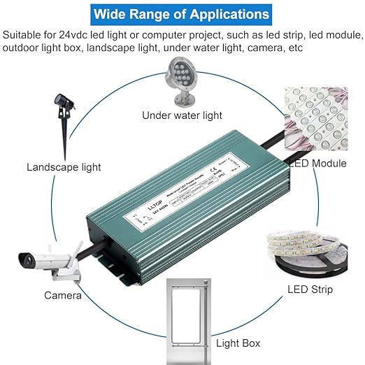LLTOP LED Driver 400 Watts 110V/120V AC to 24V DC 16.6A Power Supply Waterproof Low Voltage Transformer Converter for Indoor Outdoor LED Lights