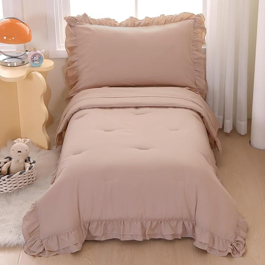 Wowelife 4 Pieces Toddler Bedding Sets for Girls Boys Beige Toddler Bed Set Double Ruffles Boho Bohemian Jacquard Kids Bed in a Bag Includes Comforter, Fitted Sheet, Top Sheet and Pillowcase