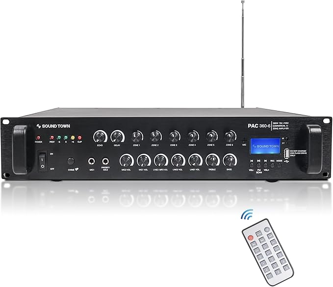 Sound Town Commercial Restaurant Audio Set with One 6-Zone 70V/100V Amplifier with Bluetooth, 12 x Weather-Resistant 6.5-Inch Surface-Mount Speakers, Two Dual 8-Inch Subwoofers, Black (P36X12T6B2S28)