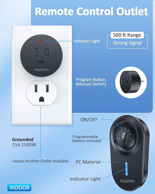 HAPYTHDA Remote Control Outlet,15A/1500W, 500 Feet RF Range Remote Light Switches Kit, No Wiring Needed Wireless Remote Outlet for Light, Small Electrical Appliance, with Anti-Surge 4000V, Black