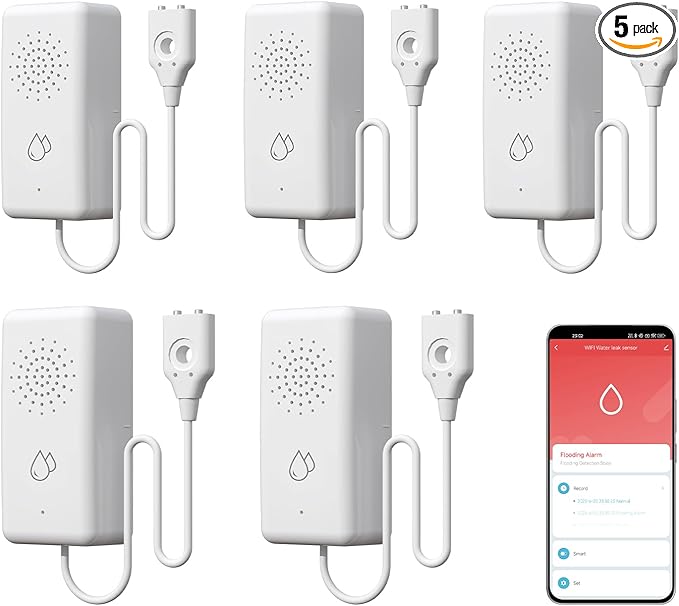 BSEED WiFi Water Leak Detector 5 Pack, Smart Water Sensor with Cable, 85dB Audio/App/SMS/Email Alarm, Rapid Leak Detection for Home, Kitchen, Bathroom, Basement, IP65 Waterproof, No Hub Required
