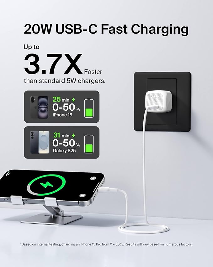 Belkin USB C Charger Block 20W (2 Pack), Fast Charging Block, Type C Wall Charger, Compatible with Apple iPhone 17, Air, Pro, AirPods,Samsung Galaxy S25, Google Pixel 10, iPad, AirPods, etc - White