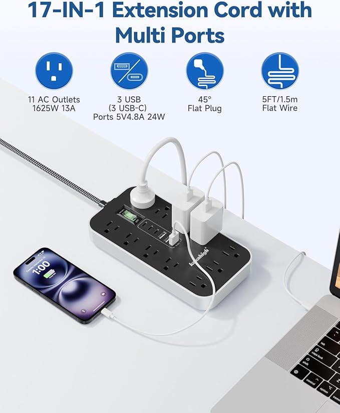 10FT Extension Cord with USB Ports- Power Strip with USB, 1625W Multi Outlet with 11 AC Outlet 6 USB (24W/4.8A), Charging Station for Multiple Devices, for Home, Office, Dorm, Gaming Room Essentials