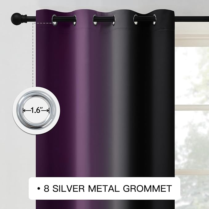 COSVIYA Grommet Ombre Blackout Purple and Black Curtains, W52 x L84 inch | Room - Image 3