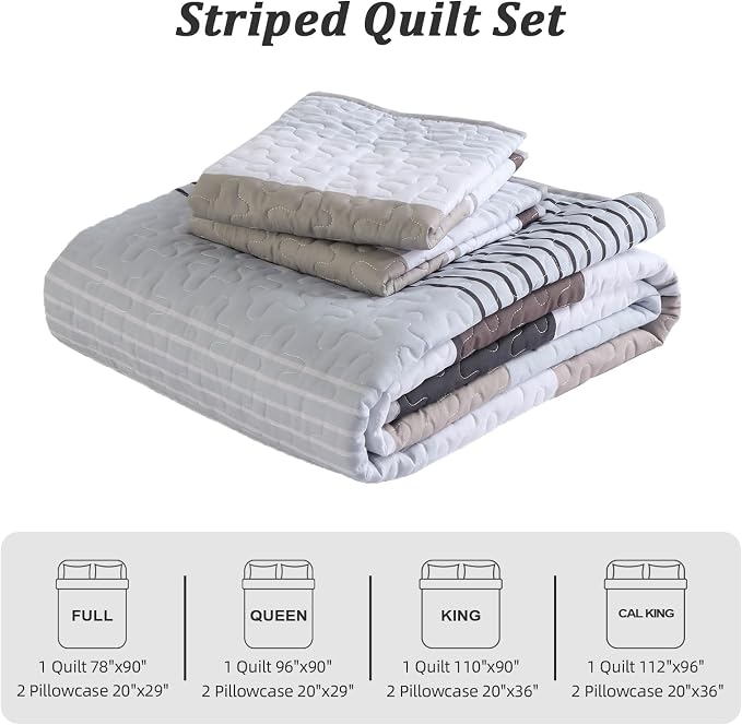 Dinjoy Queen Size Boho Stripe Quilt Set, Breathable All-Season, 3-Piece Set - Image 6