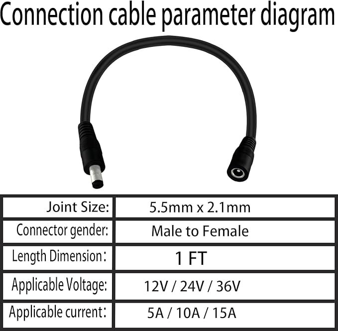 5.5mm x 2.1mm 1FT DC Power Extension Cable Male to Female 12V/24V 14AWG DC Connection Cable for CCTV Surveillance Camera Amplifiers LED Strip Lights Solar Panels Energy Storage Power Supply 2 pcs