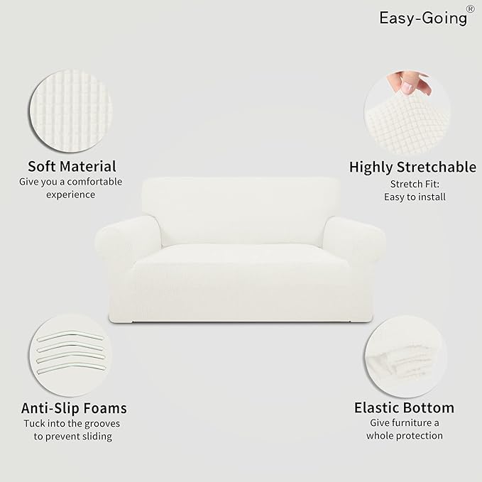 Easy-Going Stretch Oversized Loveseat Slipcover 1-Piece Sofa Cover Furniture Protector Couch Soft with Elastic Bottom for Kids Polyester Spandex Jacquard Fabric Small Checks Cream