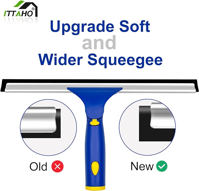 ITTAHO Squeegee for Window Cleaning,12" Squeegee and 11" Microfiber Scrubber Combi with Stainless Steel Pole,Extendable Window Cleaner for Car,Sliding Door,Shower Glass Door-Swivel Style-2 Pads