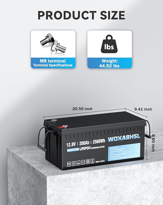 WOXABHSL 12V 200Ah Lithium LiFePO4 Battery, Built-in 200A BMS, 2560Wh Energy Storage, Iron Phosphate 4000-15000 Deep Cycles Battery for Solar, Trolling Motor, RV 1PCS