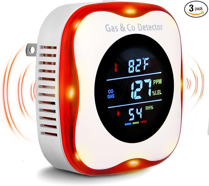 Combustible Gas & Carbon Monoxide Detector 4-in-1 Alarm with Temp/Humidity Sensor – Plug-in CO/Gas Leak Detector for Home, RV, Apartment Safety (Explosive Gas & CO Detection) (CO&Gas, 1-Pack)