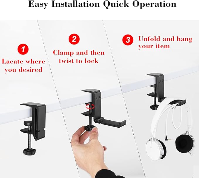 NCHONHONG Headphone Holder Under Desk Hook with Cable Organizer, Foldable Aluminum Headset Mount, Space-Saving Hanger for Most Headphones