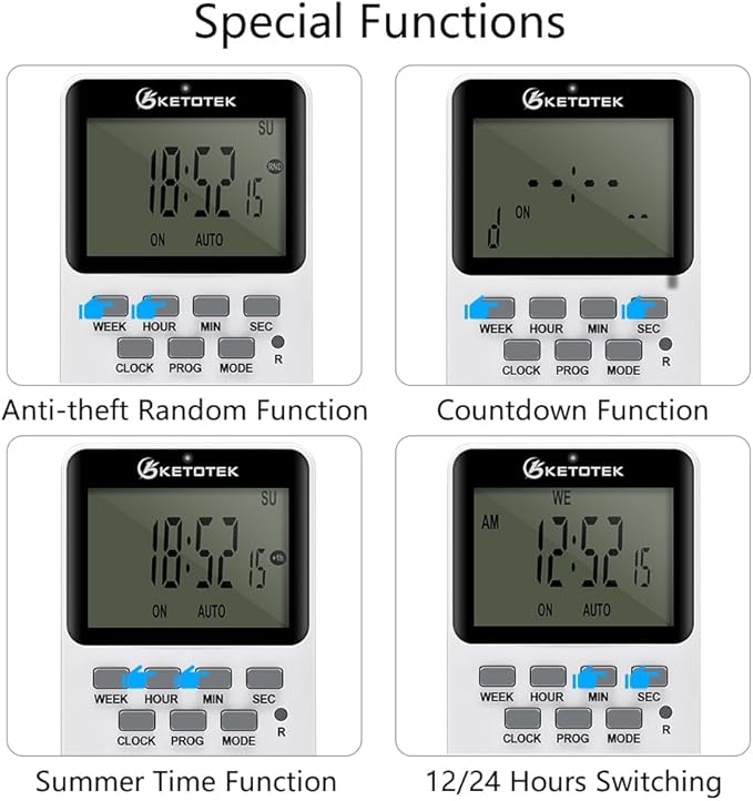 Digital Plug-in Timer Outlet Socket 20 on/Off Programmable Timer Switch 24 Hours 7 Days Programs and Countdown Energy Saving Timing Plug Socket (15A 1725W 115VAC)