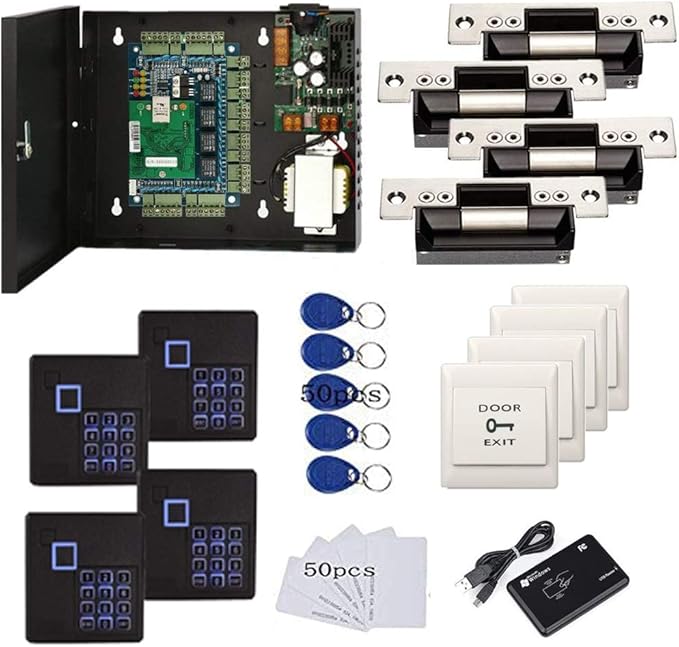 MENGQI-CONTROL 4 Doors Complete TCP/IP PIN Code RFID Card/Fob Access Control Systems with North American Standard Electric Strike for Latch Doors Keypad Reader 110V Power Supply APP Remote Open Door