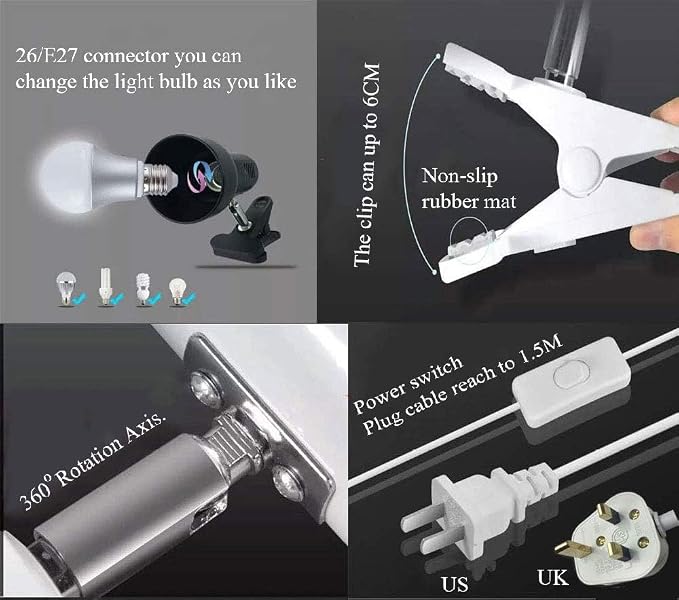 RONG&LAN Clip lamp, 360° Rotation Clip on Lamp Portable Book Reading Light - Image 4