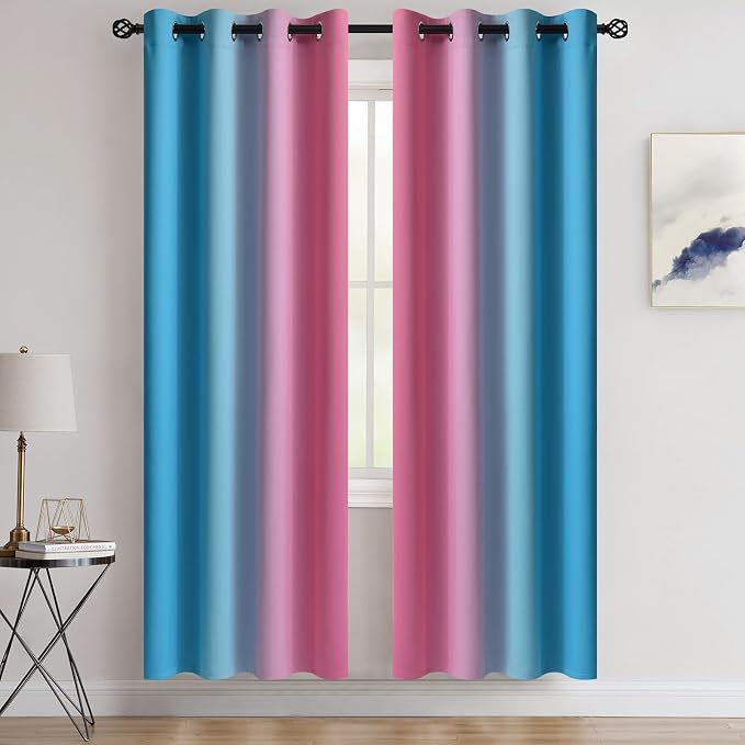 COSVIYA Grommet Ombre Blackout Pink and Blue Curtains, W52 x L72 inch | Room - Image 2