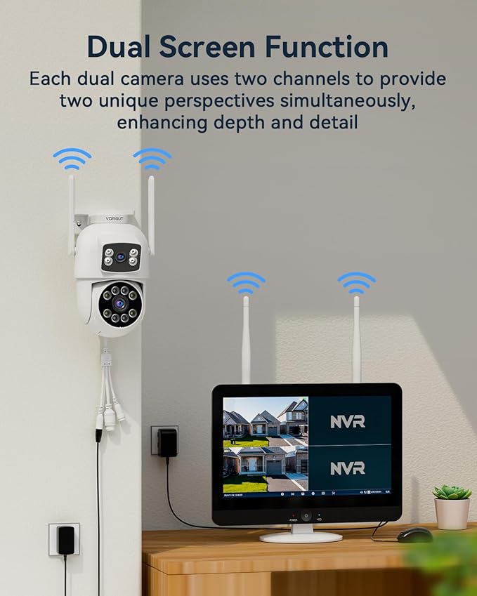 VORGUT Security Camera System Wireless Outdoor with 12" Monitor, 4pcs 2K Dual Lens Cameras for Home & Business Surveillance, 360° PTZ, 2.4G/5G WiFi, Human Detection, Auto Tracking, 16CH NVR, 500G HDD