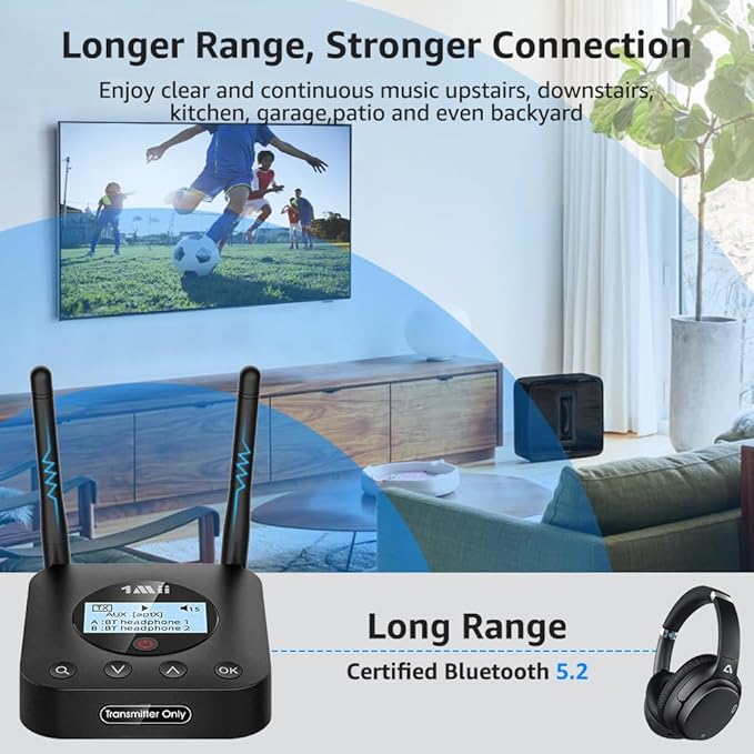 1Mii B06TX+ Long Range Bluetooth 5.2 Transmitter for TV/PC/Projector to 2 Wireless Headphones/Speakers, Bluetooth Adapter for TV w/Screen Display, Plug n Play, aptX Low Latency & Adaptive & HD Audio