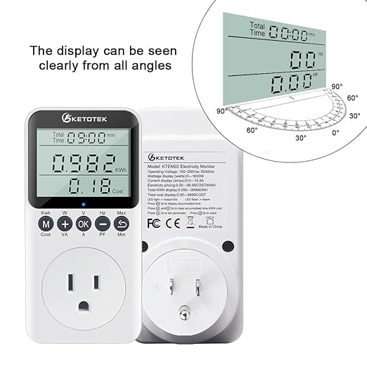 KETOTEK Watt Meter Plug-in Socket Power Meter, Kilowatt Wattage Voltage Tester, Home Electricity Usage Monitor with Overload Protection, LCD Display Energy Voltage Amps Power Consumption Monitor
