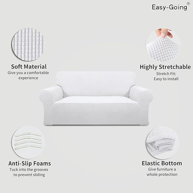 Easy-Going Stretch Oversized Loveseat Slipcover 1-Piece Sofa Cover Furniture Protector Couch Soft with Elastic Bottom for Kids Polyester Spandex Jacquard Fabric Small Checks Snow White