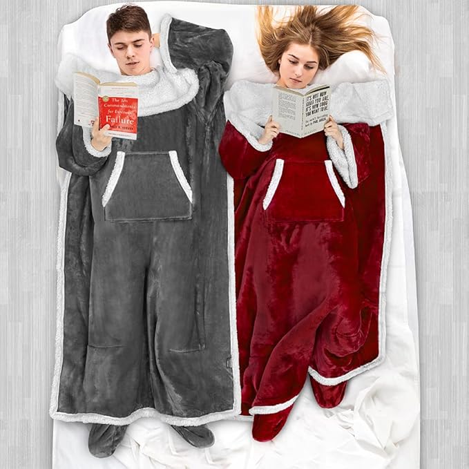 PAVILIA Sherpa Blanket with Sleeves, Foot Pocket for Women Men Adults, Thick Wearable Blanket Throw Wrap, Fleece Warm Snuggle Blanket Robe, Cozy Gift Ideas Wife Mom, Dark Gray
