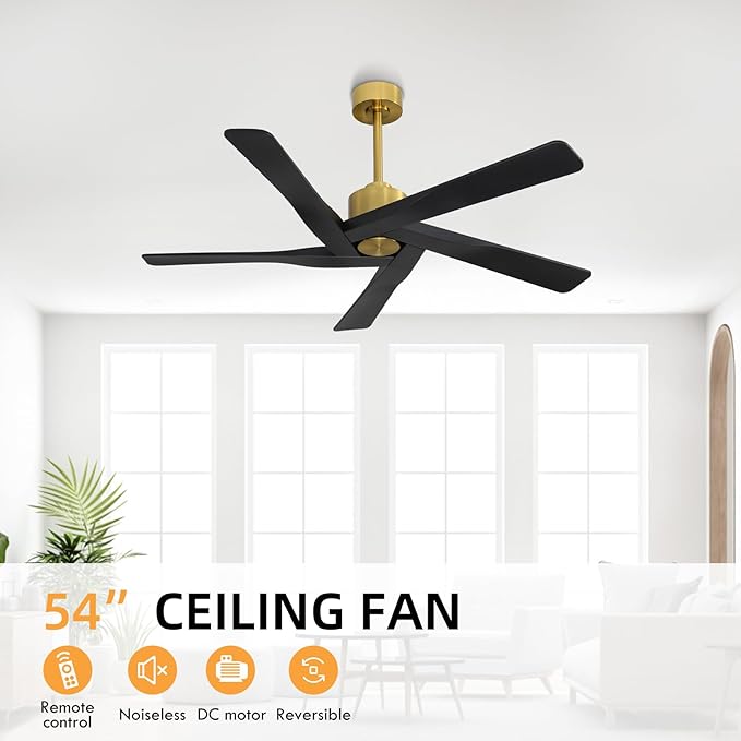 WINGBO 54" ABS DC Ceiling Fan No Light, 5 Blade ABS Plastic Ceiling Fan with Remote, 6-Speed Reversible DC Motor, Ceiling Fans without Light for Kitchen Bedroom Living Room, Brass and Matte Black