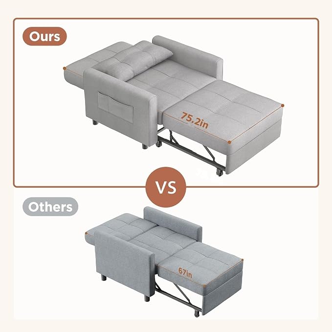 Aiho 34-Inch Sleeper Chair Bed, 3-in-1 Pull-Out Sofa Bed, Light Gray | - Image 3