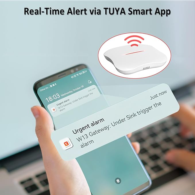 WiFi Water Leak Detector for Home with App Notification, 1 Gateway+10 Sensor, 120dB Flood/Drip Alarm for Basement/Kitchen/Bathroom/Toilet/Laundry Room, Under Sink/Drain/Pipe Leakage, W13+WD61x10-White
