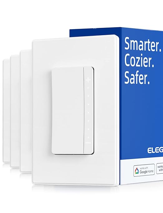 ELEGRP Single Pole Smart Dimmer Light Switch DPR10, 2.4GHz Wi-Fi Dimmer Switch Compatible with Alexa and Google Assistant, Needs Neutral Wire, No Hub Required, UL and FCC Listed, White, 4 Pack