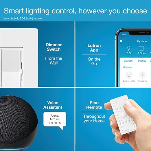 Lutron Diva Smart Dimmer Light Switch for Caseta Lighting (Lutron Smart Hub Required), for LED Lights, 150W, Single-Pole/3-Way, No Neutral, Brown (DVRF-6L-BR)