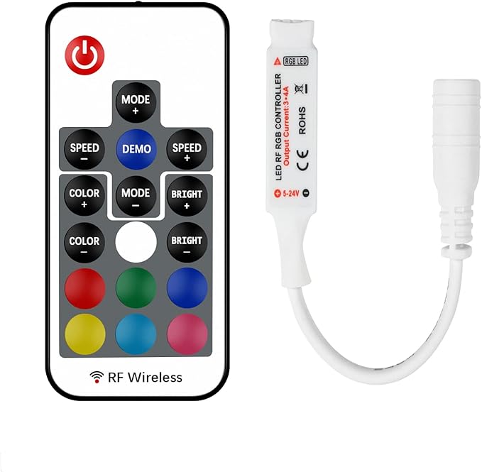 Taoellen RF Wireless Remote LED Controller,DC 5V-24V RGB Controller for 5050 3528 5630 LED Strip Lights,19 Modes 20 Colors Wireless Dimmer,Memory Function,12A Max Load