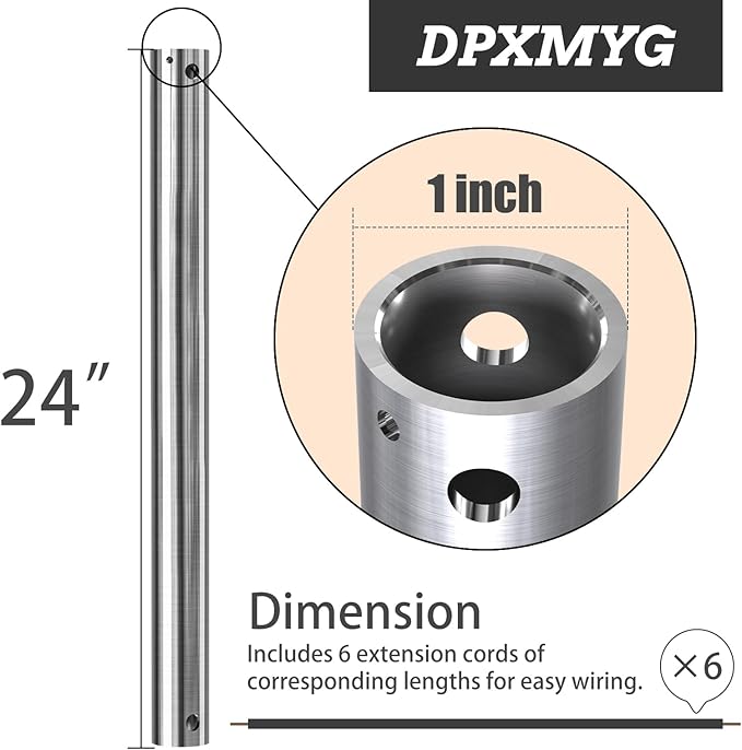DPXMYG 24 inch Ceiling Fan Downrod with Extension Cord, 2 FT Brushed Nickel Downrod for Ceiling Fan, 1 inch Outside Diameter, Ceiling Fan Boom Suitable for a Wide Range of Fans (Nickel, Not Threaded)