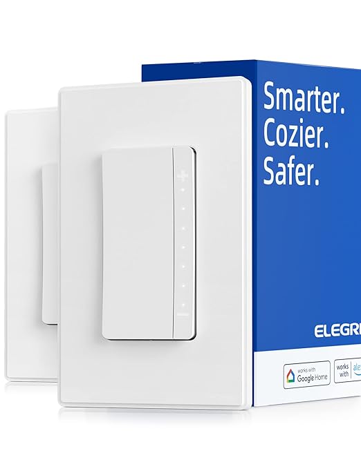 ELEGRP Single Pole Smart Dimmer Light Switch DPR10, 2.4GHz Wi-Fi Dimmer Switch Compatible with Alexa and Google Assistant, Needs Neutral Wire, No Hub Required, UL and FCC Listed, White, 2 Pack